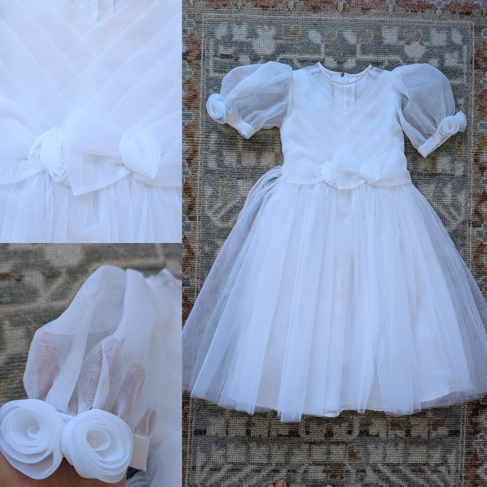6X Vtg Rosette White Tulle Puff Sleeves Flower Girl Dress